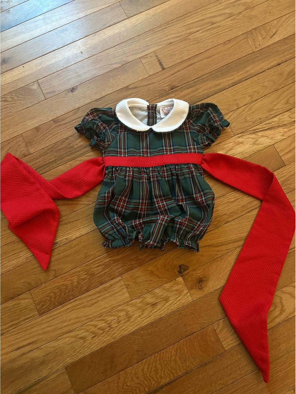 The Smocking Place Baby Girl's Plaid Romper with Red Bow and White Peter Pan 6M